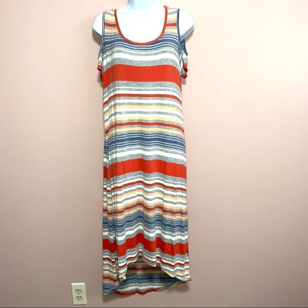 Dress Barn NWT striped high low cold shoulder dress women’s medium - Picture 2 of 7